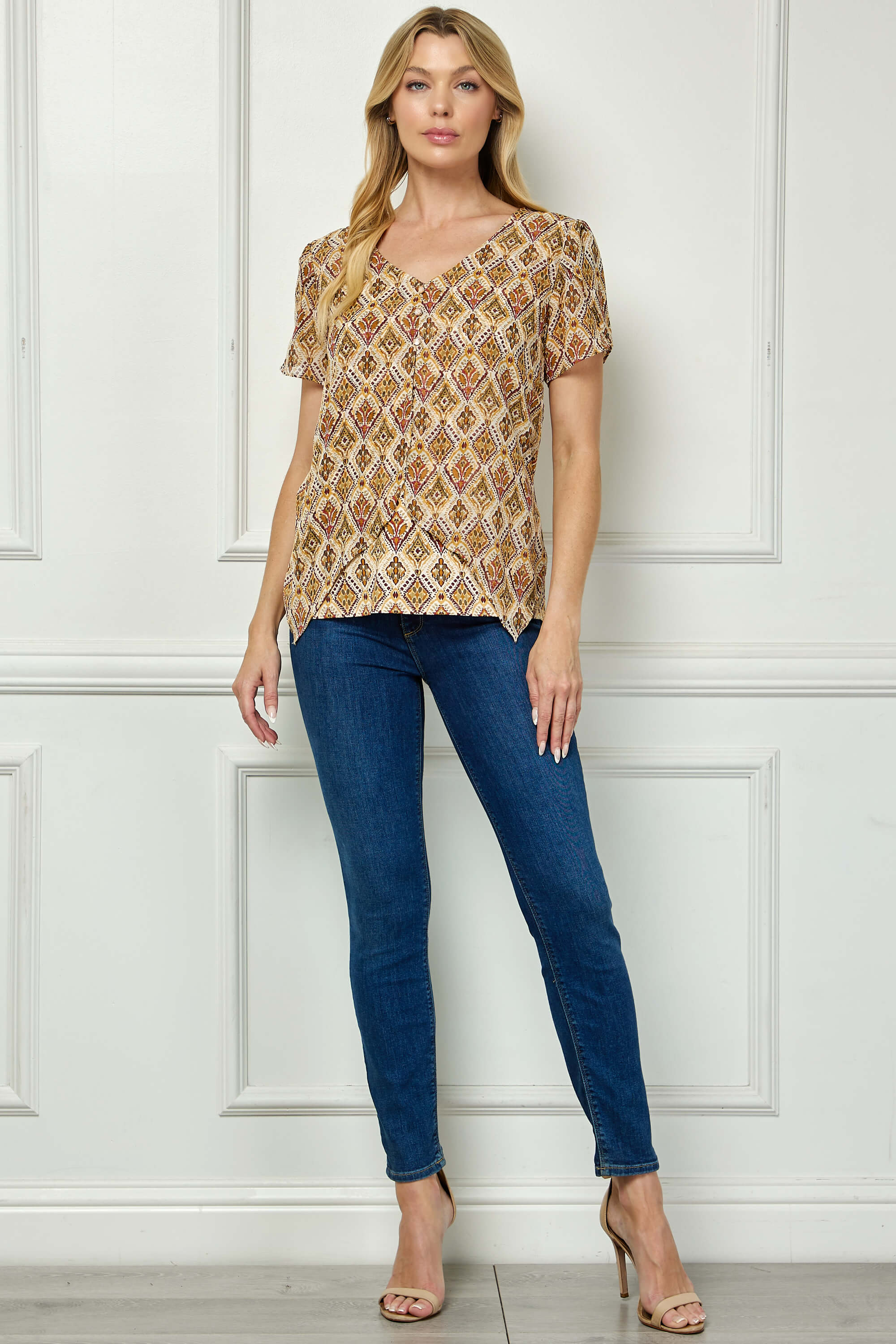 Tulip Sleeve Button-Front V-Neck Blouse in Cream/Olive/Rust