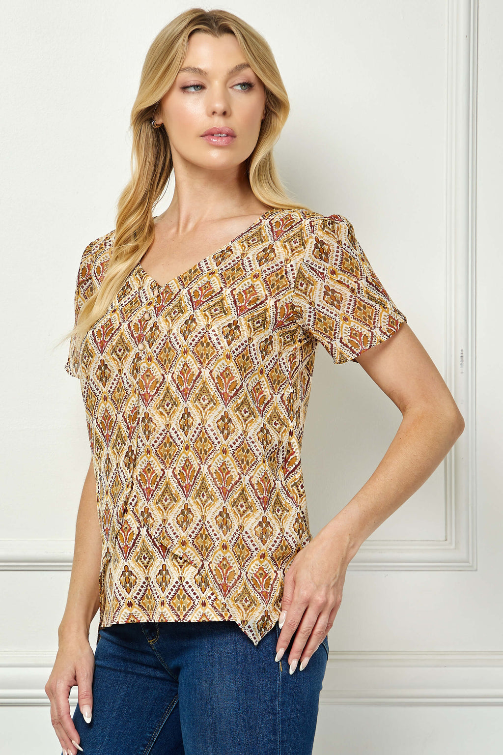 Tulip Sleeve Button-Front V-Neck Blouse in Cream/Olive/Rust