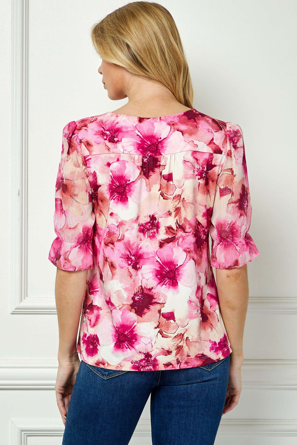Ruffle Sleeve Chain Trim Cutout Neck Blouse in Pink