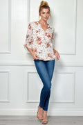 3/4 Tab Sleeve Mandarin Collar Popover Blouse in Ivory/Burgundy/Rust