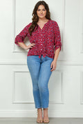 3/4 Button Tab Sleeve Pintuck Tie Front Blouse in Red - Plus