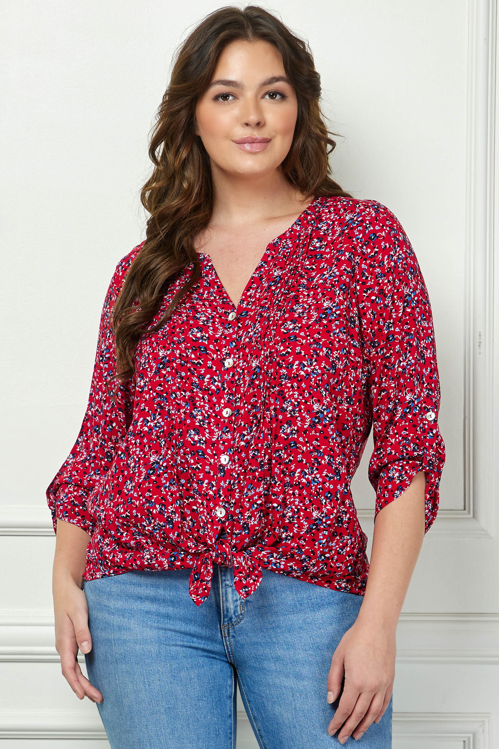 3/4 Button Tab Sleeve Pintuck Tie Front Blouse in Red - Plus