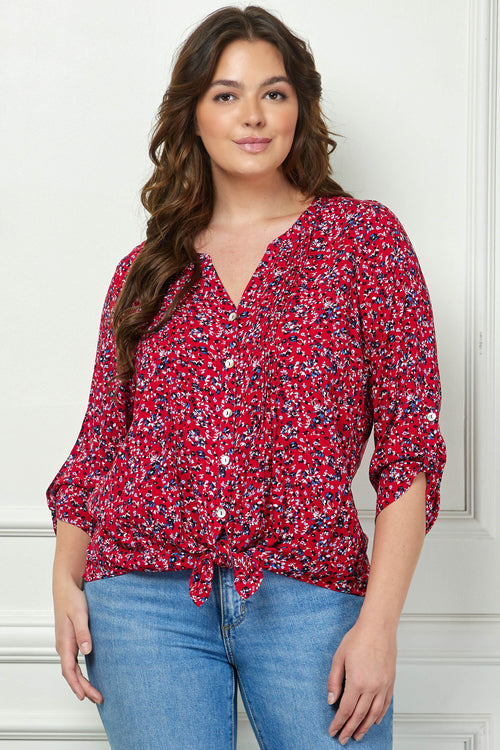 3/4 Button Tab Sleeve Pintuck Tie Front Blouse in Red - Plus
