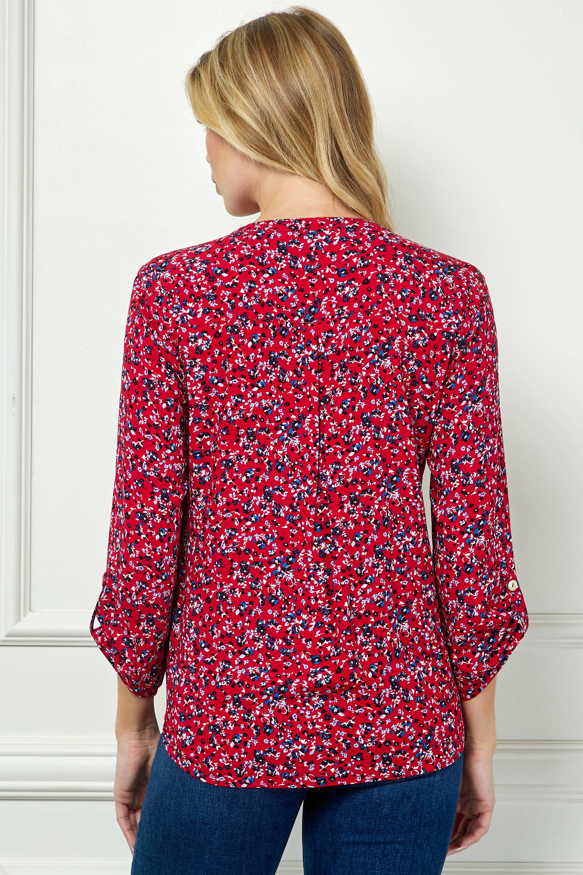 3/4 Button Tab Sleeve Pintuck Tie Front Blouse in Red