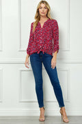 3/4 Button Tab Sleeve Pintuck Tie Front Blouse in Red