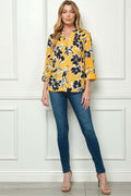 3/4 Tab Sleeve Mandarin Collar Blouse in Yellow/Ivory/Black