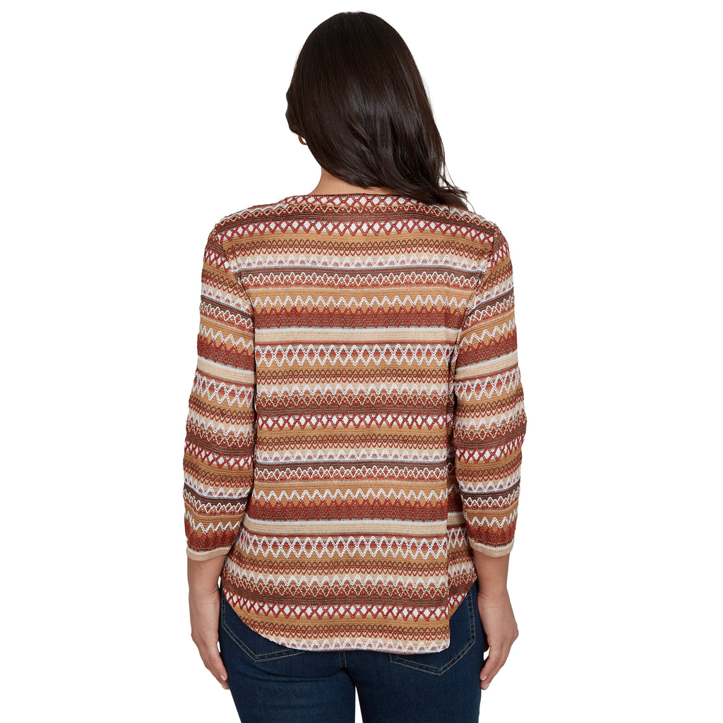 Alfred Dunner Textured Stripe Knit Top with Necklace - Tan